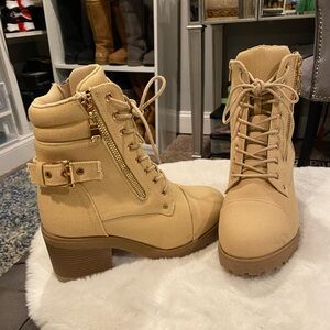 Catherine malandrino lace up short heel booties beige tan ankle
